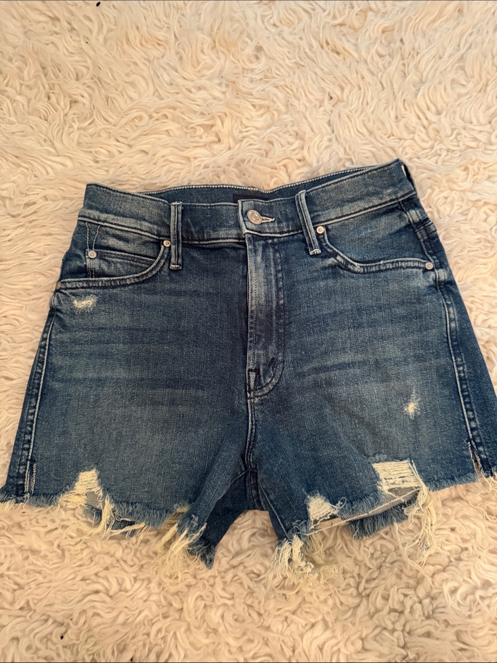 Mother Denim Classic Dark Blue Denim Cutoff Shorts with Rainbow